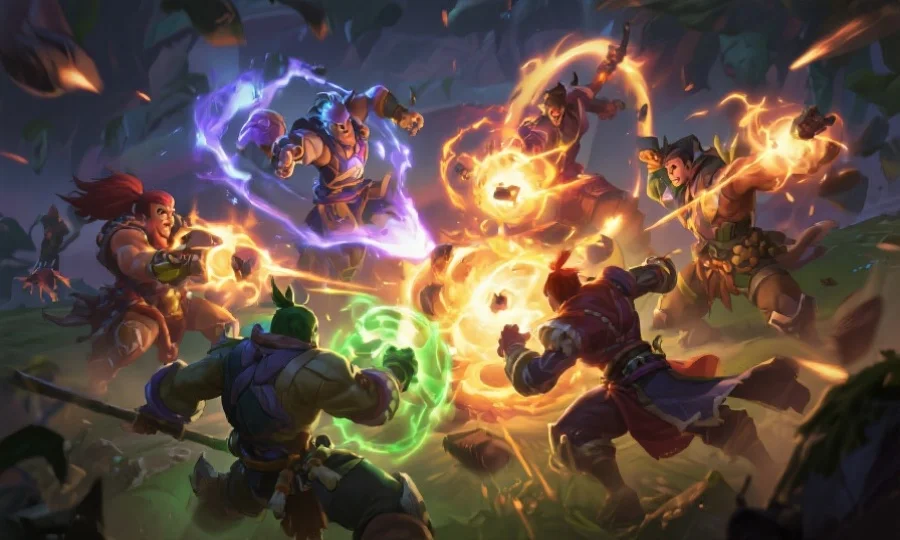 紧张激烈的DOTA2团战场景，五名英雄正在释放技能，画面充满能量与碰撞感